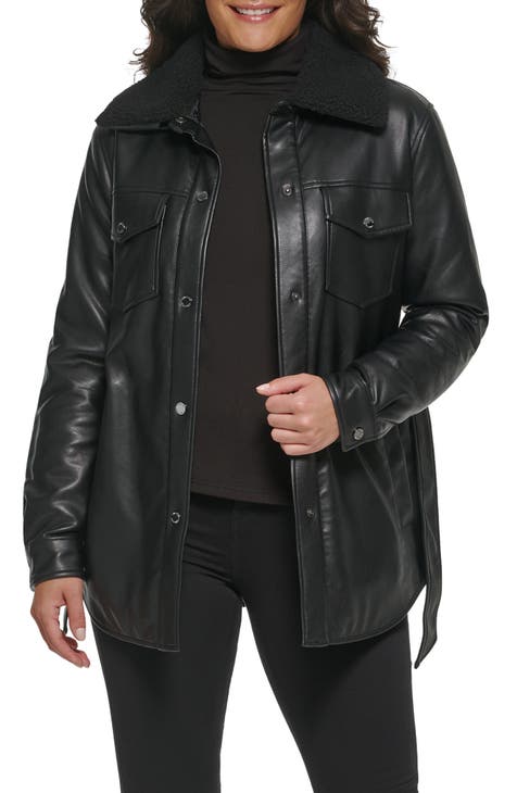 Faux Leather Tie Belt Shacket with Removable Faux Shearling Collar