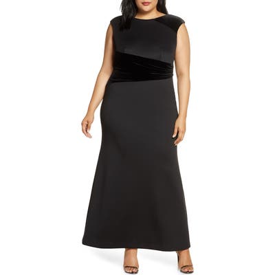Plus Size Vince Camuto Velvet Detail Scuba Trumpet Gown, Black