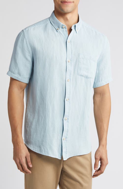 Antique Dyed Linen Blend Short Sleeve Button-Down Shirt in Blue