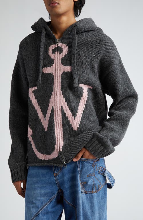 JW Anderson Anchor Intarsia Hooded Wool Sweater in Charcoal at Nordstrom, Size Medium
