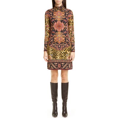 Etro Animal Print Long Sleeve Jersey Turtleneck Dress, US / 40 IT - Black