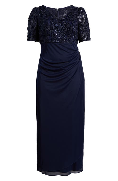Alex Evenings Embellished Short Sleeve Empire Waist Gown In Navy