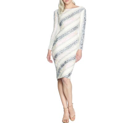 Dress The Population Emery Sequin Stripe Long Sleeve Cocktail Dress, Ivory