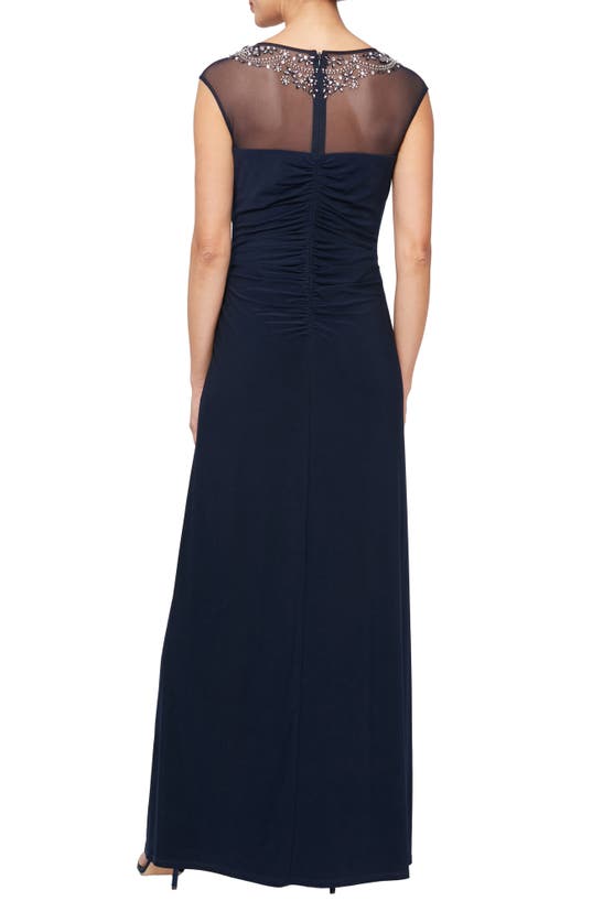 Shop Alex Evenings Embellished Illusion Neck Evening Gown In Navy