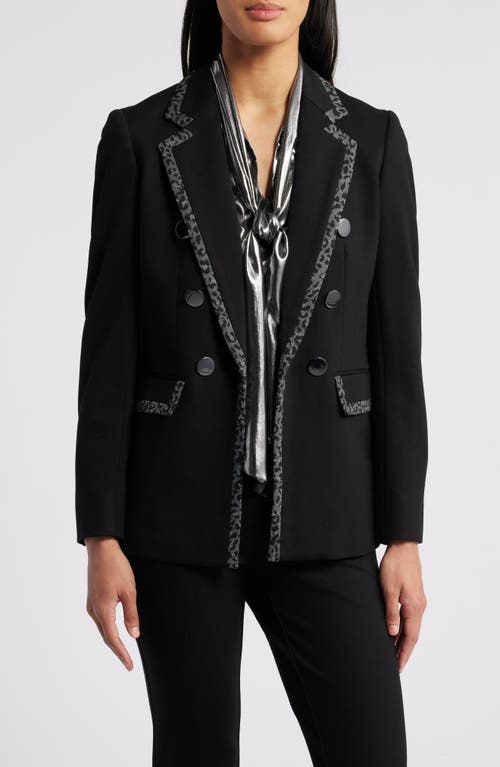 Shop Anne Klein Leopard Trim Faux Double Breasted Blazer In Anne Black Multi