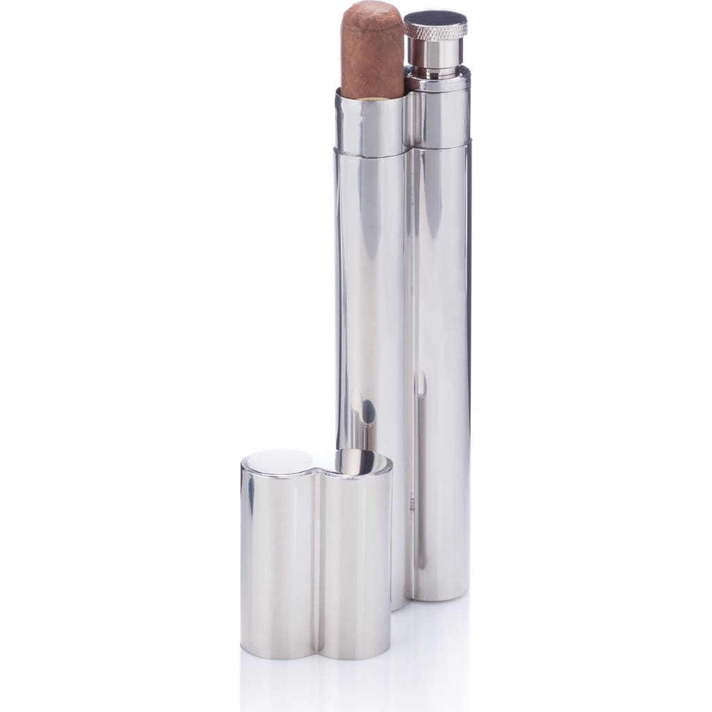 Viski Cigar Holder And Flask In Silver