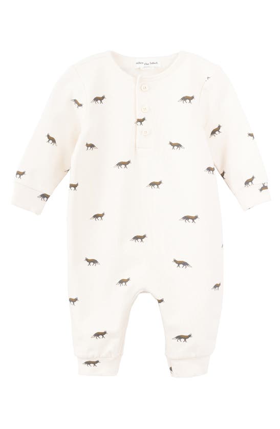 Miles The Label Babies' Fox Print Stretch Organic Cotton Henley Romper In Beige