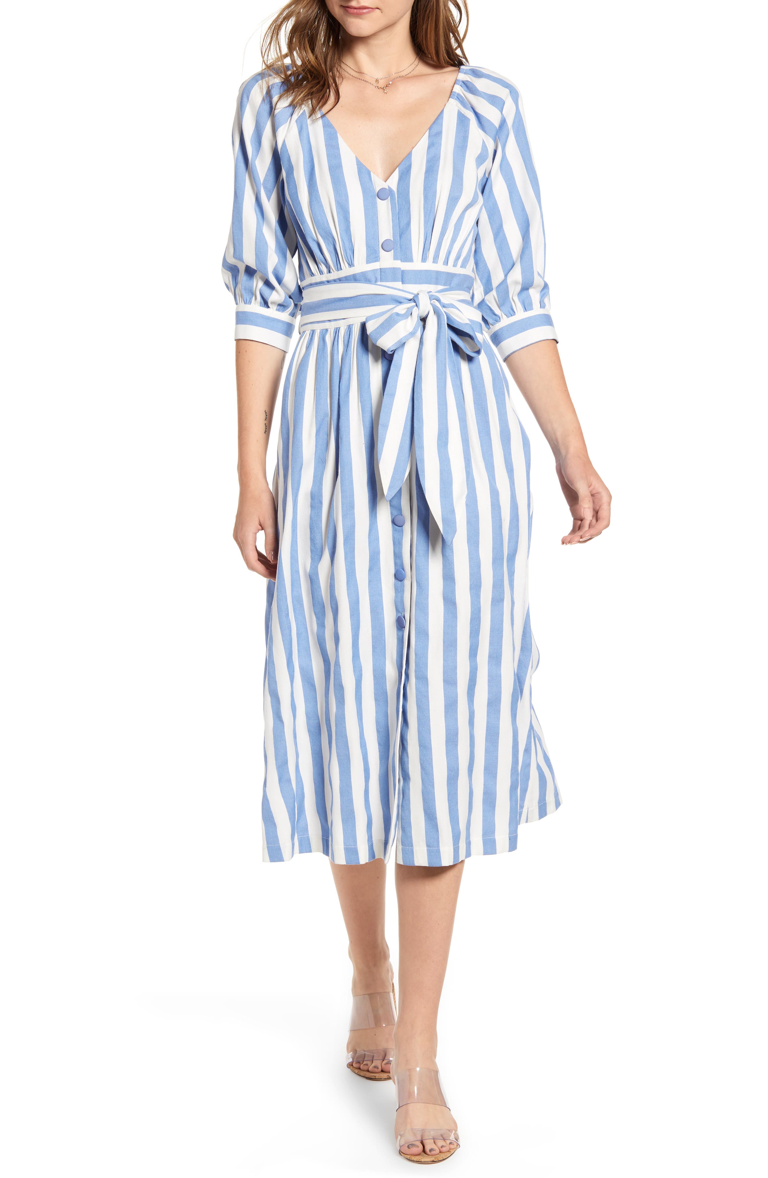 Moon River Stripe Button-Up Midi Dress, Blue