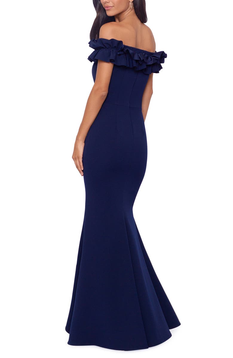 Xscape Evenings Off the Shoulder Ruffle Crepe Trumpet Gown | Nordstrom