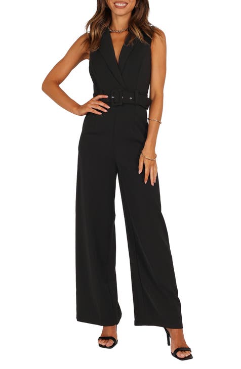 Parisian faux leather belted long sleeve jumpsuit in black