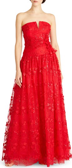 Ml monique lhuillier red floral hot sale lace gown