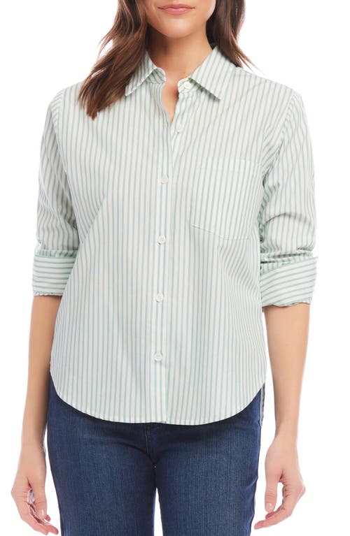 Stripe Ruched Sleeve Cotton Button-Up Shirt