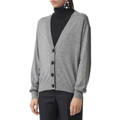 Burberry Dornoch Check Detail Merino Wool Cardigan, Grey