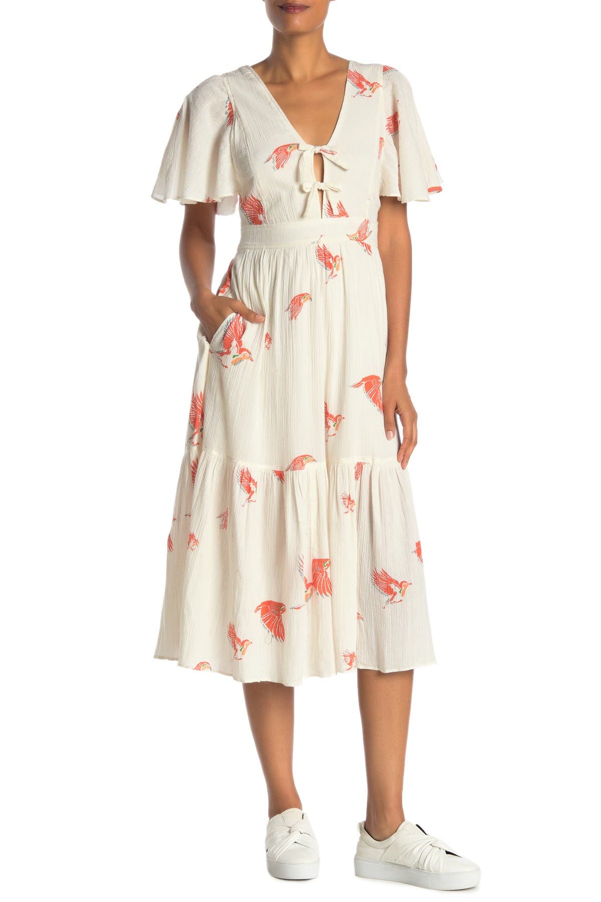 bird print midi dress