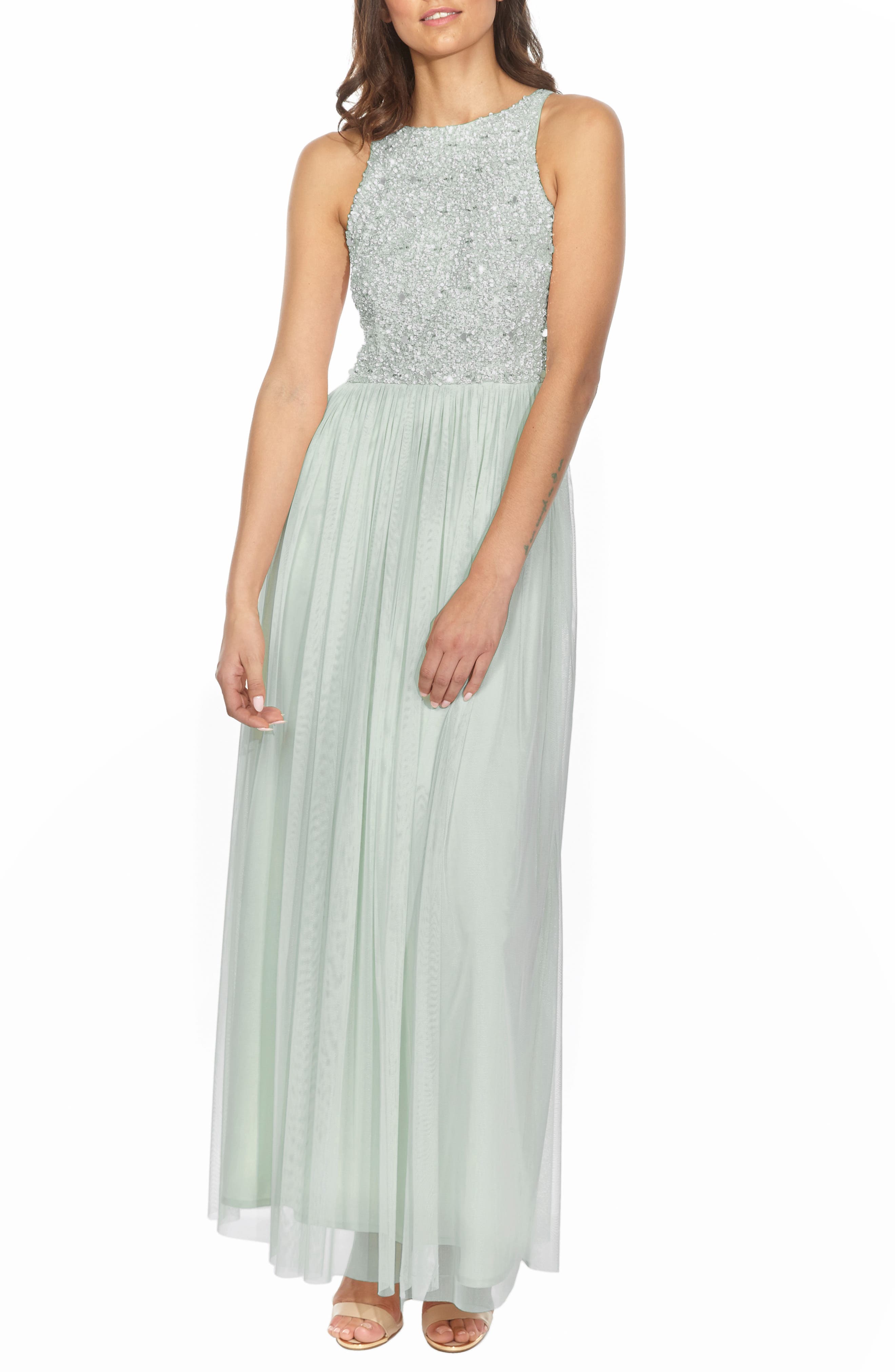 Lace & Beads Picasso Embellished Bodice Evening Dress, Blue