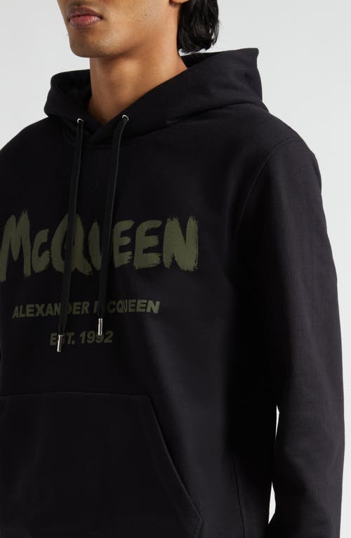 Shop Alexander Mcqueen Graffiti Logo Cotton Graphic Hoodie In Black/khaki