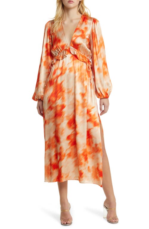 Topshop Riviera Tie Dye Long Sleeve Satin Dress in Orange at Nordstrom, Size 10 Us