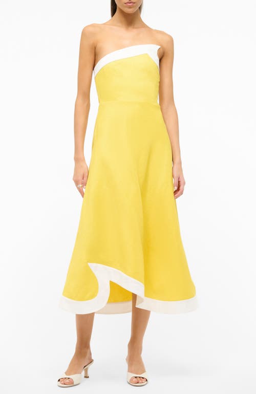 Staud Contrast Detail Strapless Linen Dress In Yellow