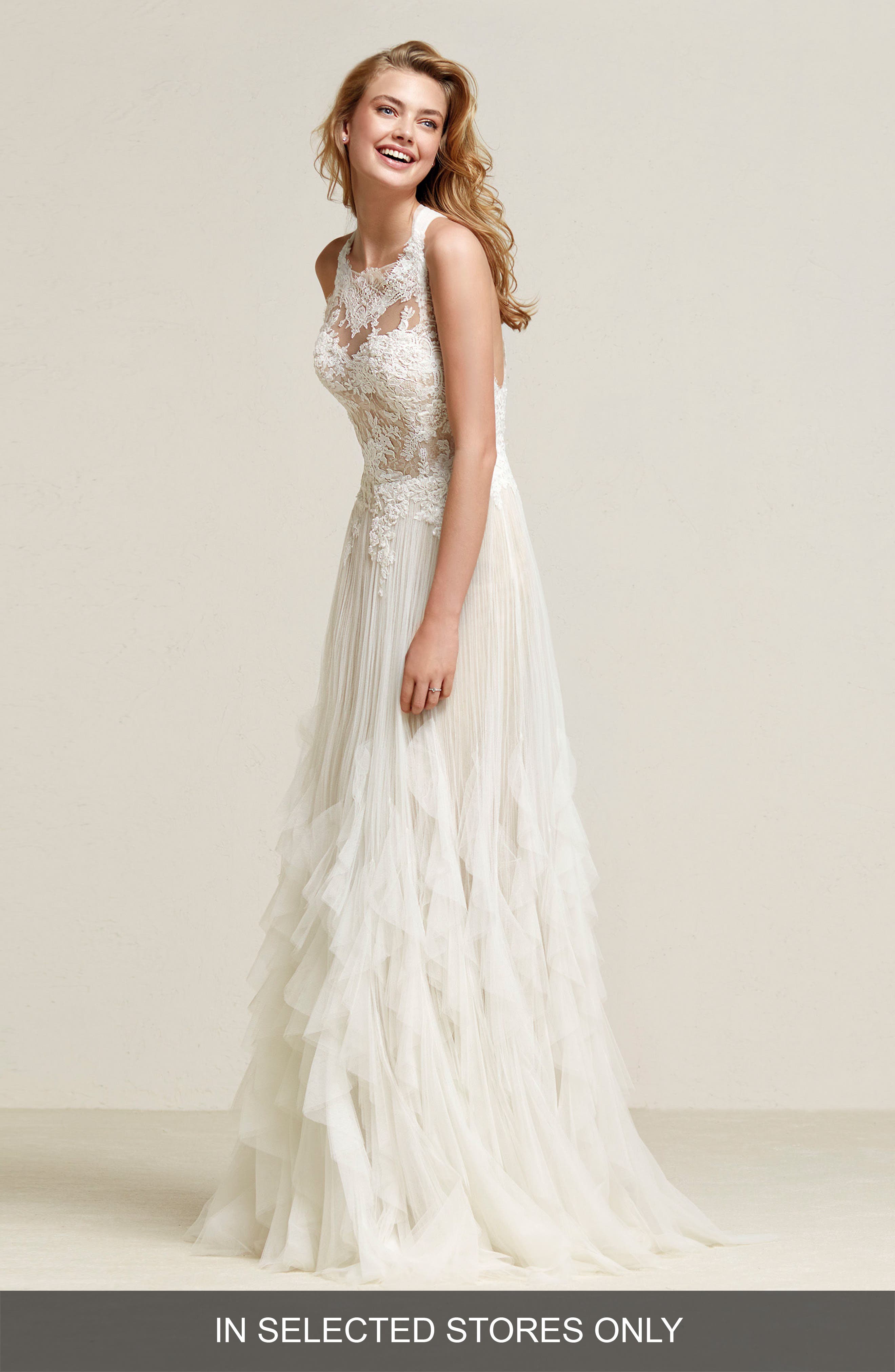 Pronovias Draconia Lace & Pleated Tulle Gown, Size IN STORE ONLY - Ivory