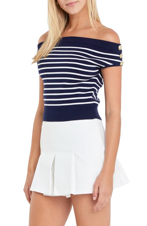 Shop English Factory Stripe Off The Shoulder Sweater In Navy/white