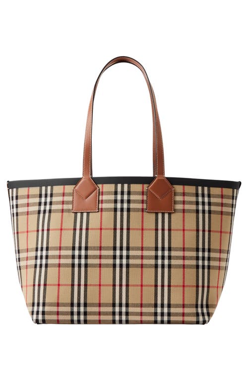 Shop Burberry Medium Heritage Check Canvas Tote In Briar Brown/black