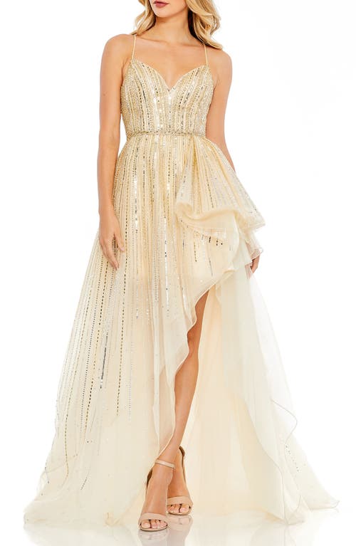 Ieena for Mac Duggal Sequin Stripe Asymmetric Gown in Gold Silver