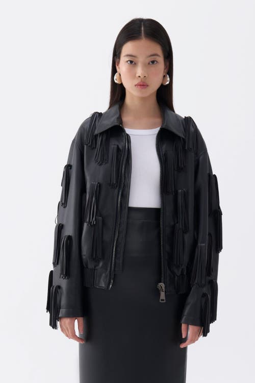 Shop Nocturne Fringe Detail Faux Leather Jacket In Black