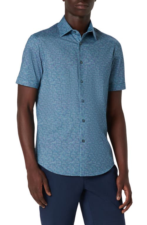 Bugatchi Miles OoohCotton Woven Print Short Sleeve Button-Up Shirt Turquoise at Nordstrom,