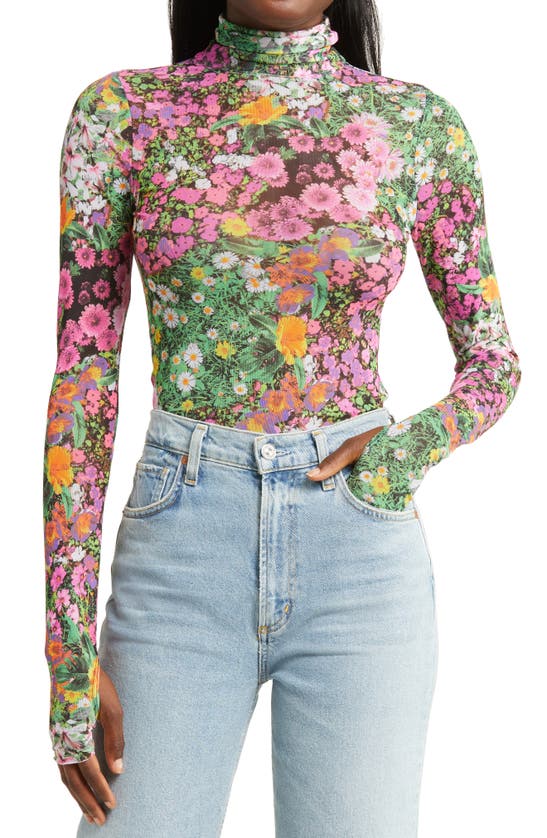 Afrm Zadie Print Mesh Turtleneck In Mixed Floral Sub