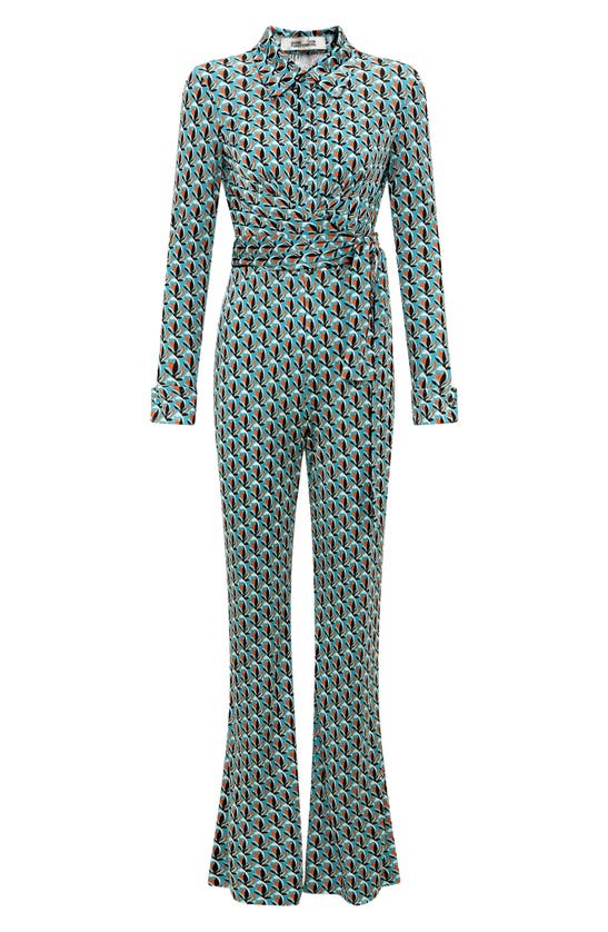 Shop Diane Von Furstenberg Michele Long Sleeve Jumpsuit In Fleurgeo Summer Turq