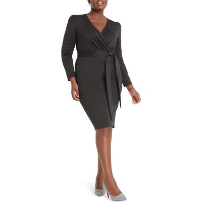 Plus Size Eloquii Wrap Front Long Sleeve Sheath Dress, Black