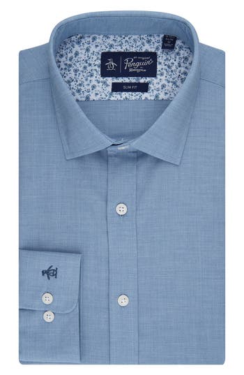 Original Penguin Melange Floral Trim Slim Fit Dress Shirt In Light Blue