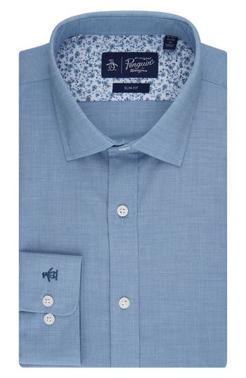 Original Penguin Melange Floral Trim Slim Fit Dress Shirt In Blue