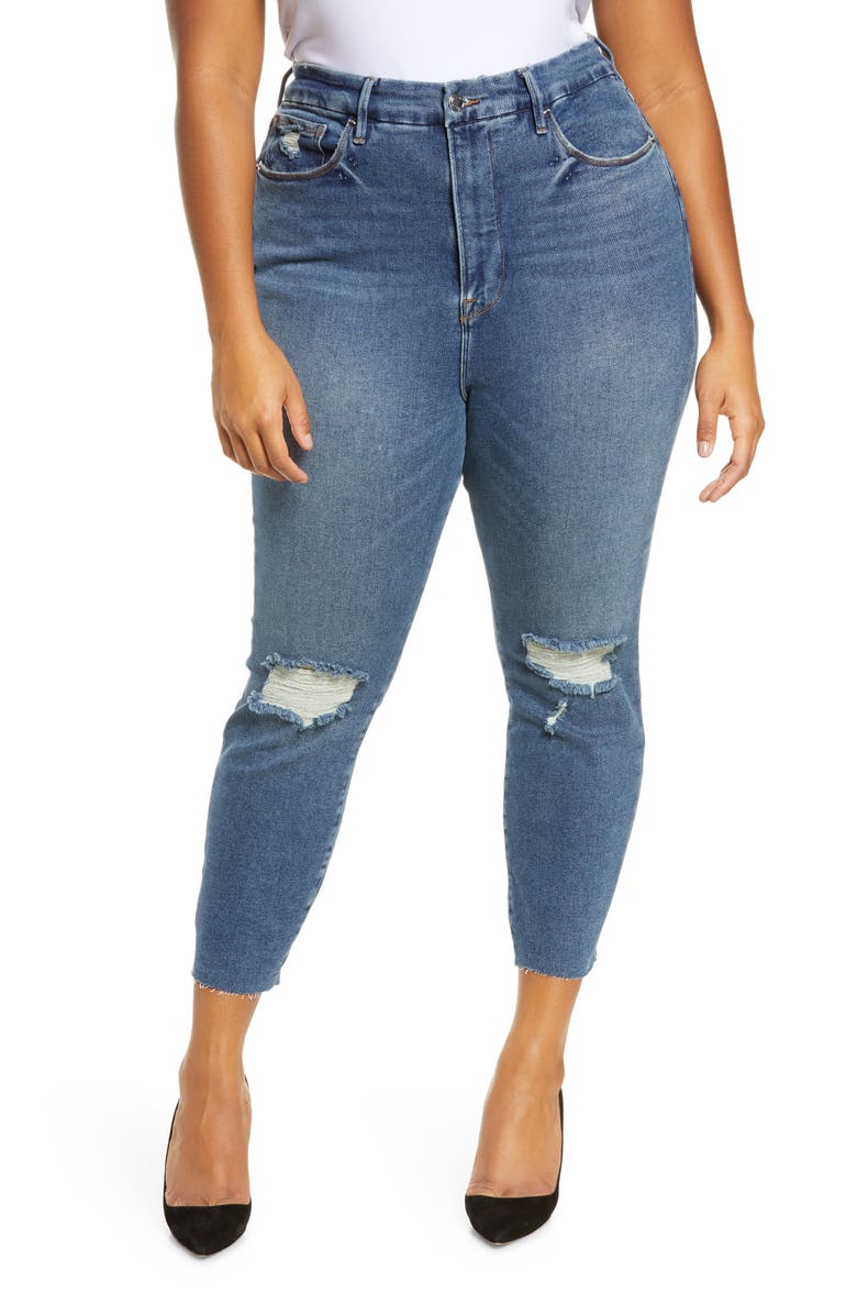 GOOD AMERICAN Good Legs High Waist Raw Edge Crop Skinny Jeans, Main, color, BLUE533