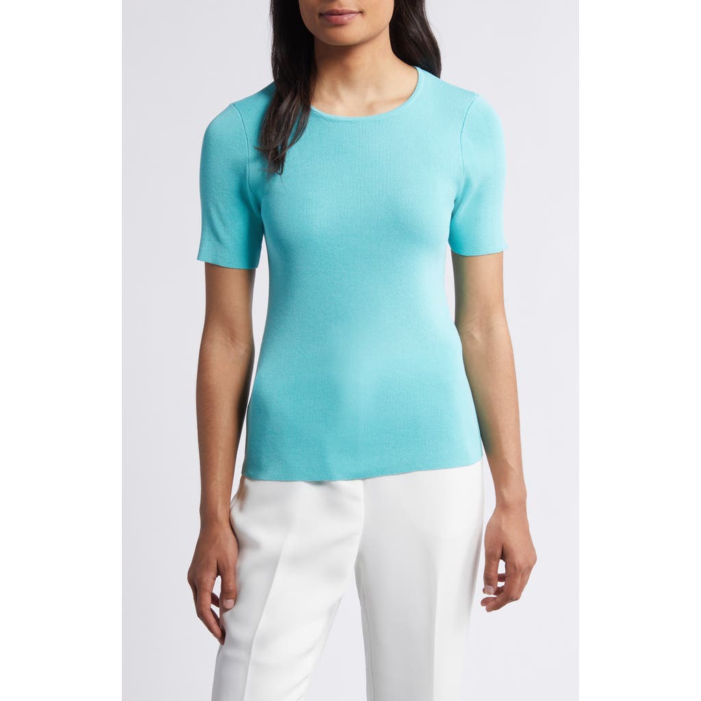 Tahari Asl Short Sleeve Sweater In Turquoise