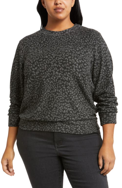 Loveappella Loveapella Brushed Leopard Print Long Sleeve Crewneck Top In Gray/black