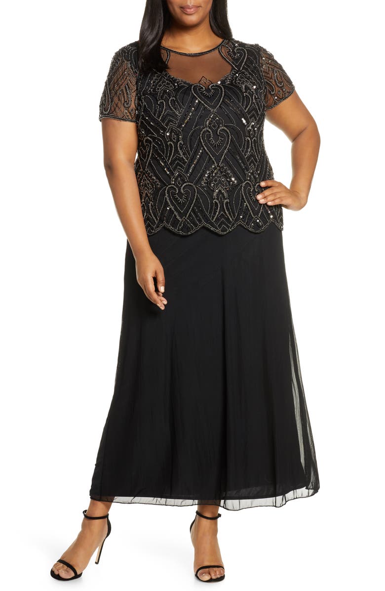 Pisarro Nights Embellished Mesh Mock Two-Piece Gown (Plus Size) | Nordstrom