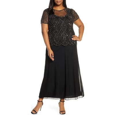 Plus Size Pisarro Nights Embellished Mesh Mock Two-Piece Gown, Black