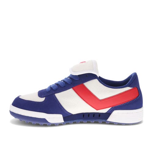 Pony Mens Linebacker Archive Genuine Leather And Mesh Premium Lace Up Athletic Sneaker Shoe In White/blue/red