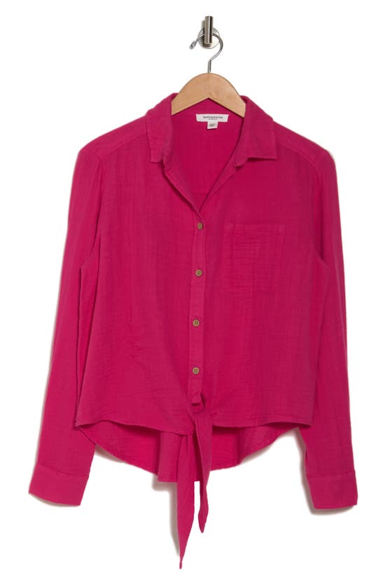 Beachlunchlounge Long Sleeve Tie Hem Cotton Gauze Button-up Shirt In Hot Pink