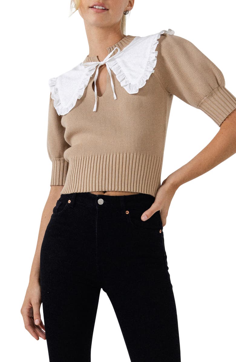 ENGLISH FACTORY Ruffle Collar Sweater, Main, color, CAMEL