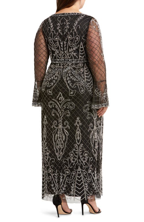 Shop Pisarro Nights Embellished Sheer Long Sleeve Gown In Black/silver