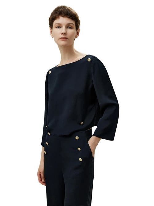 Shop Lilysilk Dubrovnik 3/4 Sleeved Silk Top With Button Accents In Midnight Blue