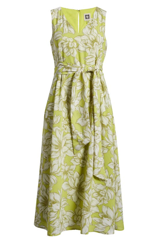 Shop Anne Klein Floral Print Tie Waist Sleeveless Midi Dress In Sprout/ Bright White Multi