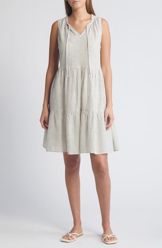 Beachlunchlounge Belle Stripe Tiered Linen & Cotton Dress In Sage Leaves