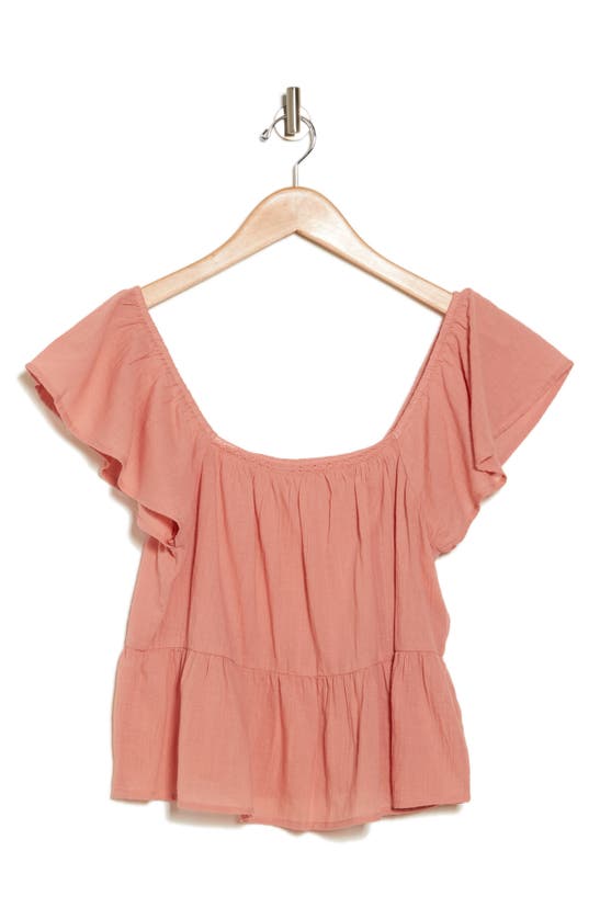 Melrose And Market Square Neck Flutter Sleeve Top In Pink Dawn