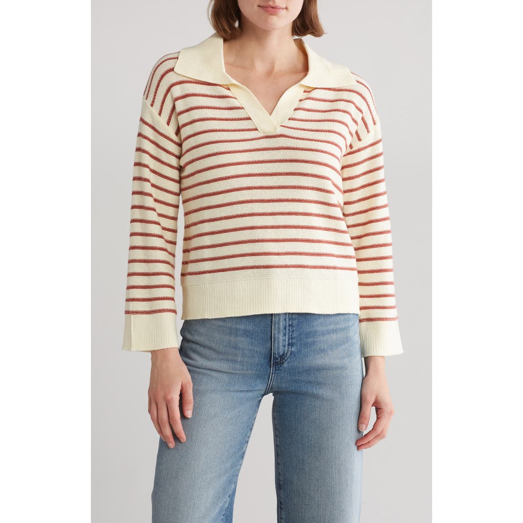Marine Layer Sage Long Sleeve Cotton Sweater Polo In White/brick Stripe