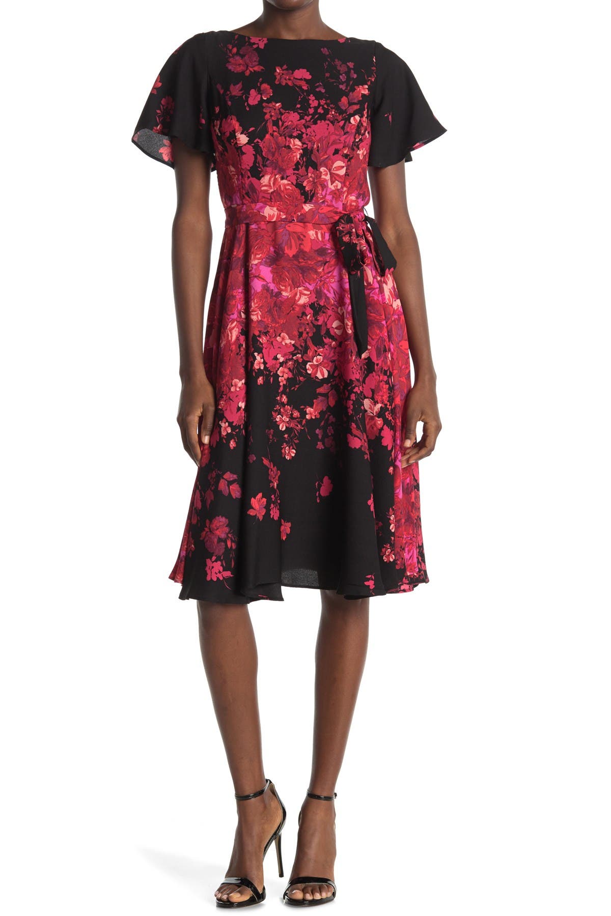 Gabby Skye Womens Plus Size Flutter Sleeve Floral Belted Dress