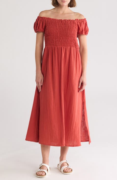 Off the Shoulder Cotton Smocked Midi Dress