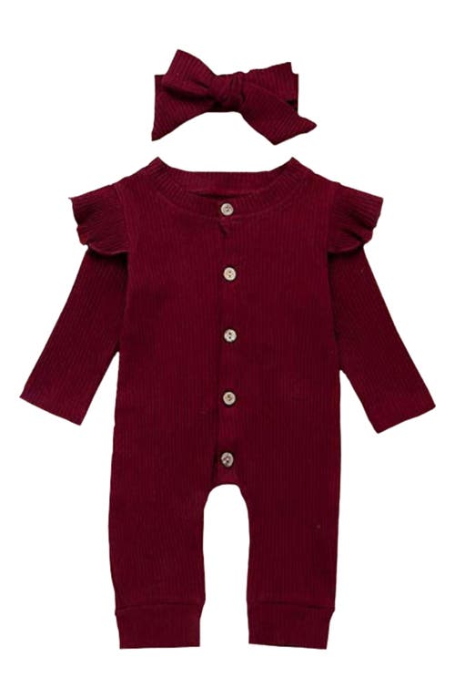 Ashmi & Co. Lilly Ruffle Shoulder Romper & Bow Headband Set in Wine Red at Nordstrom, Size 6-9M